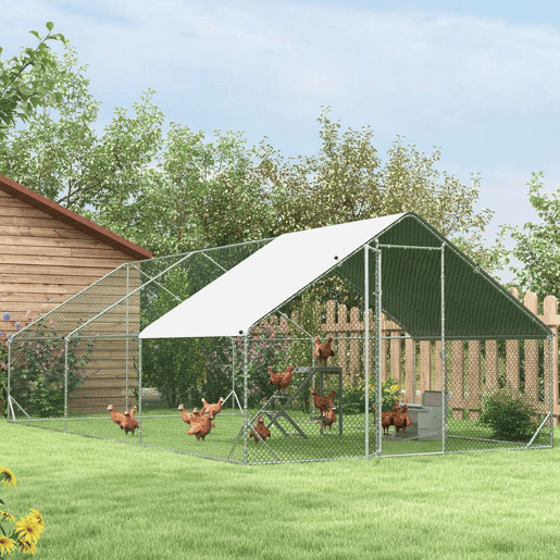 PawHut Galinheiro de Exterior Grande 3x6x2m Gaiola para 12-18 Galinhas de Aço Galvanizado com Teto de PE e Fechadura para Coelhos Prata