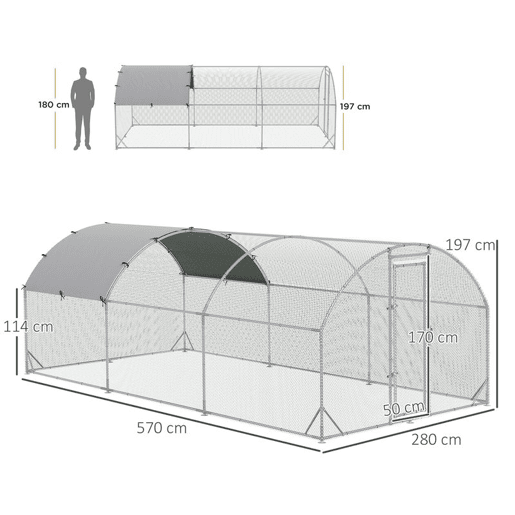 PawHut Galinheiro para Exterior Grande Gaiola de Aço Galvanizado com Teto de Tecido Oxford e Fechadura para 12-18 Galinhas Coelhos Aves 5,7x2,8x1,97cm Prata