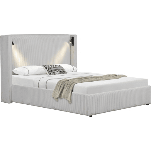 Cama de casal em veludo cotelê com cômoda integrada e abajur Cortina - 160 x 200 cm - Bege