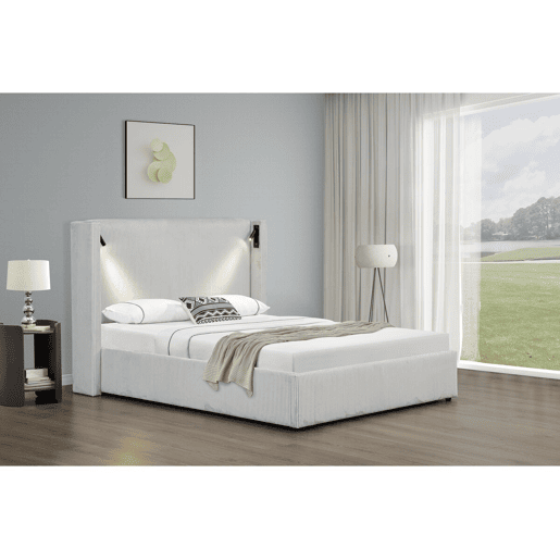 Cama de casal em veludo cotelê com cômoda integrada e abajur Cortina - 160 x 200 cm - Bege