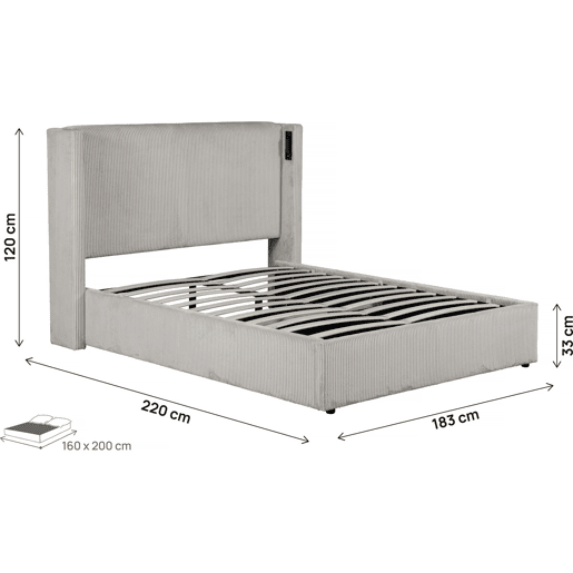Cama de casal em veludo cotelê com cômoda integrada e abajur Cortina - 160 x 200 cm - Bege