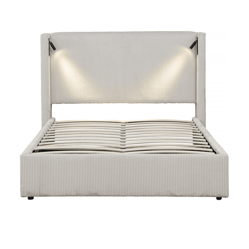 Cama de casal em veludo cotelê com cômoda integrada e abajur Cortina - 160 x 200 cm - Bege