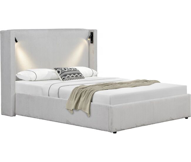 Cama doble de pana con cómoda integrada y lámpara "cortina" - 140 x 190 cm - beige