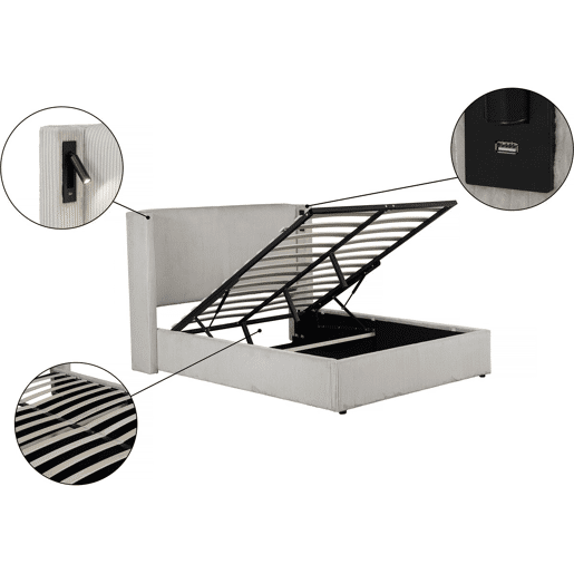 Cama de casal em veludo cotelê com cômoda integrada e abajur Cortina - 140 x 190 cm - Bege