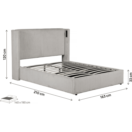 Cama de casal em veludo cotelê com cômoda integrada e abajur Cortina - 140 x 190 cm - Bege