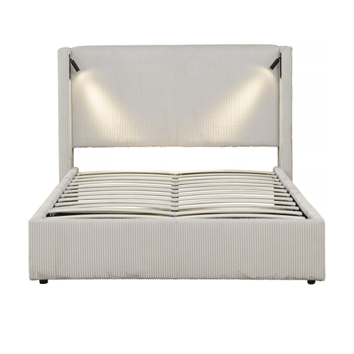 Cama de casal em veludo cotelê com cômoda integrada e abajur Cortina - 140 x 190 cm - Bege