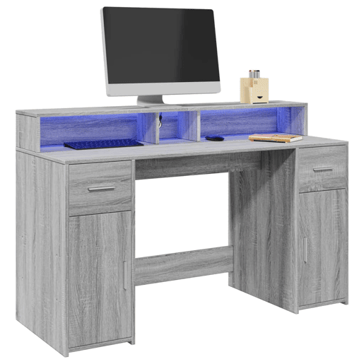 Secretária - Escrivaninha de computador luzes LED 140x55x91cm deriv. madeira cinzento sonoma