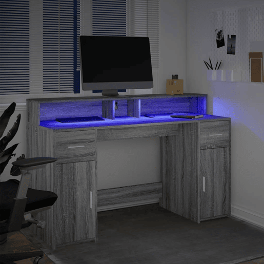 Secretária - Escrivaninha de computador luzes LED 140x55x91cm deriv. madeira cinzento sonoma