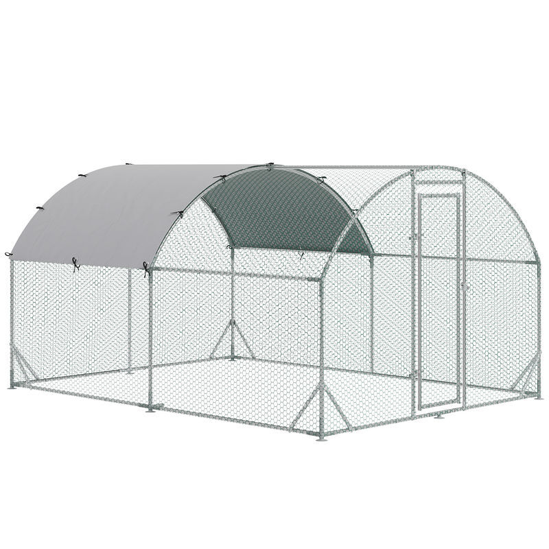 Pawhut gallinero para exterior grande 2,8x3,8x1,97 m jaula para 6-12 gallinas de acero galvanizado con techo de tela oxford corral y cerradura para conejos aves plata
