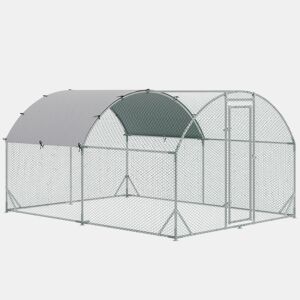 PawHut Galinheiro para Exterior Grande 2,8x3,8x1,97m Galinheiro para 6-12 Galinhas de Aço Galvanizado com Teto de Tecido Oxford para Coelhos Aves Prata