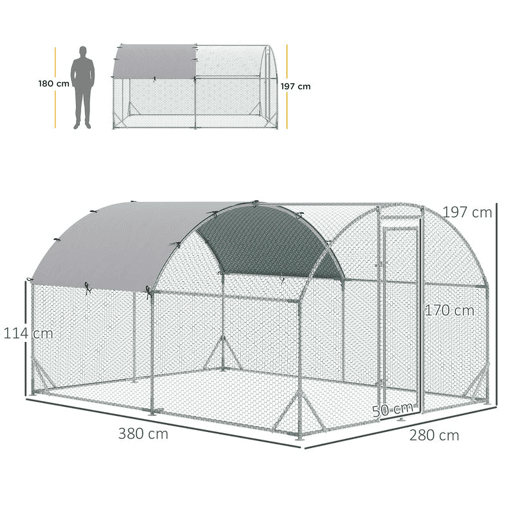 PawHut Galinheiro para Exterior Grande 2,8x3,8x1,97m Galinheiro para 6-12 Galinhas de Aço Galvanizado com Teto de Tecido Oxford para Coelhos Aves Prata