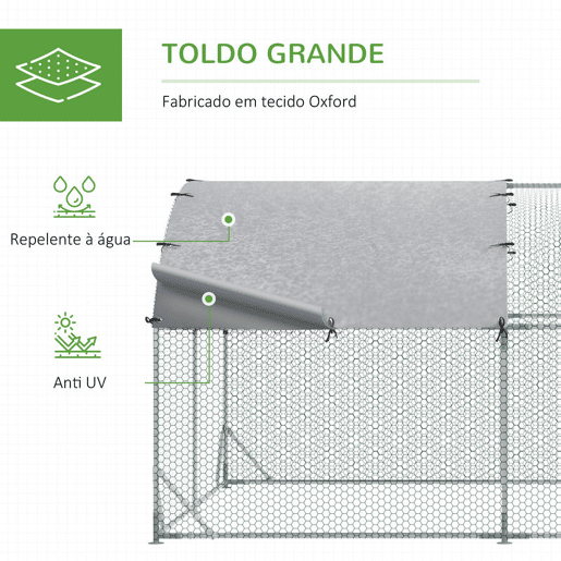 PawHut Galinheiro para Exterior Grande 2,8x3,8x1,97m Galinheiro para 6-12 Galinhas de Aço Galvanizado com Teto de Tecido Oxford para Coelhos Aves Prata