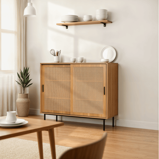 Aparador VISIENS em madeira com portas deslizantes em rattan natural 100x37x90 cm Aparador VISIENS em madeira com portas deslizantes em rattan natural 100x37x90 cm