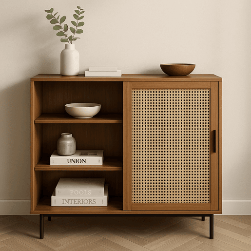 Aparador VISIENS em madeira com portas deslizantes em rattan natural 100x37x90 cm Aparador VISIENS em madeira com portas deslizantes em rattan natural 100x37x90 cm