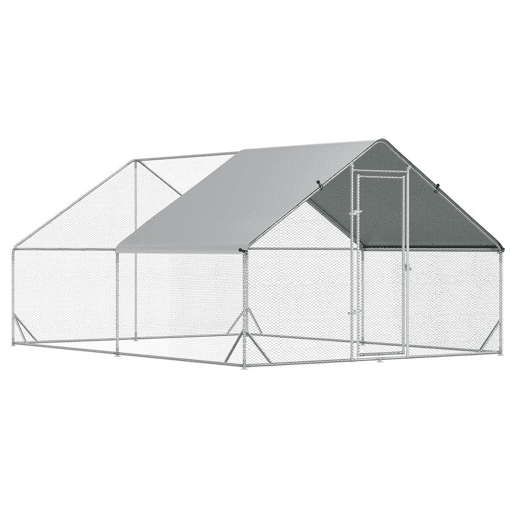 PawHut Galinheiro de Exterior Grande 3x4x2m Gaiola para 8-12 Galinhas de Aço Galvanizado com Teto de PE e Fechadura para Coelhos Prata