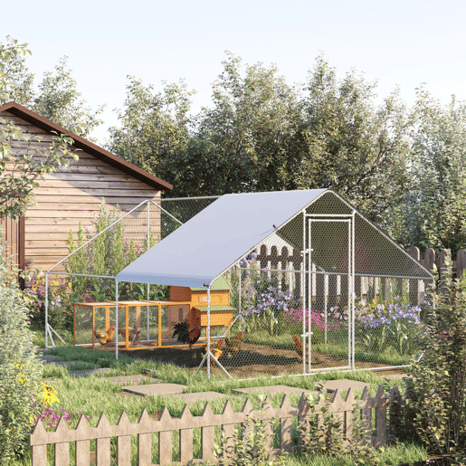 PawHut Galinheiro de Exterior Grande 3x4x2m Gaiola para 8-12 Galinhas de Aço Galvanizado com Teto de PE e Fechadura para Coelhos Prata