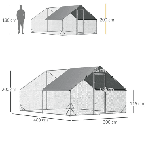 PawHut Galinheiro de Exterior Grande 3x4x2m Gaiola para 8-12 Galinhas de Aço Galvanizado com Teto de PE e Fechadura para Coelhos Prata