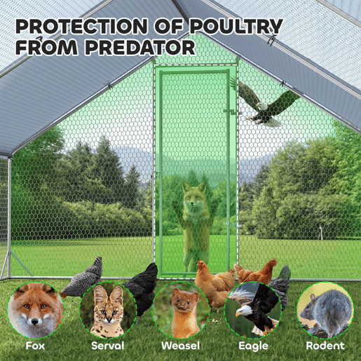 PawHut Galinheiro de Exterior Grande 3x4x2m Gaiola para 8-12 Galinhas de Aço Galvanizado com Teto de PE e Fechadura para Coelhos Prata