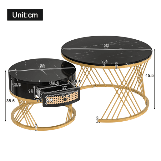Conjunto de 2 mesas de centro encaixáveis redondas efeito mármore preto e rattan EGNIERS BLACK Conjunto de 2 mesas de centro encaixáveis redondas efeito mármore preto e rattan EGNIERS BLACK