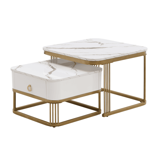 Conjunto de 2 mesas de centro encaixáveis quadradas efeito mármore branco com gaveta e pés dourados SHUGOK WHITE Conjunto de 2 mesas de centro encaixáveis quadradas efeito mármore branco com gaveta e pés dourados SHUGOK WHITE