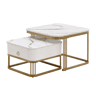 Conjunto de 2 mesas de centro encaixáveis quadradas efeito mármore branco com gaveta e pés dourados SHUGOK WHITE