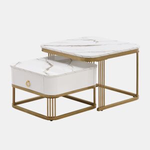 Conjunto de 2 mesas de centro encaixáveis quadradas efeito mármore branco com gaveta e pés dourados SHUGOK WHITE