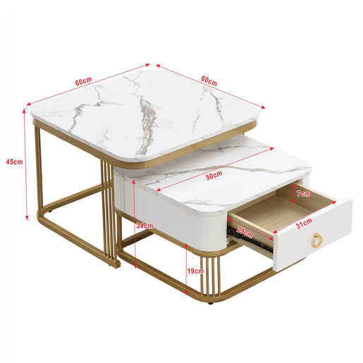 Conjunto de 2 mesas de centro encaixáveis quadradas efeito mármore branco com gaveta e pés dourados SHUGOK WHITE Conjunto de 2 mesas de centro encaixáveis quadradas efeito mármore branco com gaveta e pés dourados SHUGOK WHITE