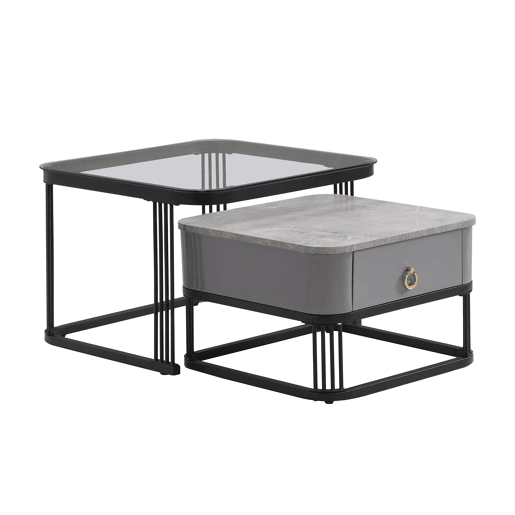 Conjunto de 2 mesas de centro encaixáveis quadradas em vidro temperado e efeito mármore com gaveta SHUGOK BLACK Conjunto de 2 mesas de centro encaixáveis quadradas em vidro temperado e efeito mármore com gaveta SHUGOK BLACK