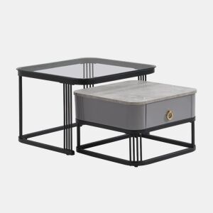 Conjunto de 2 mesas de centro encaixáveis quadradas em vidro temperado e efeito mármore com gaveta SHUGOK BLACK
