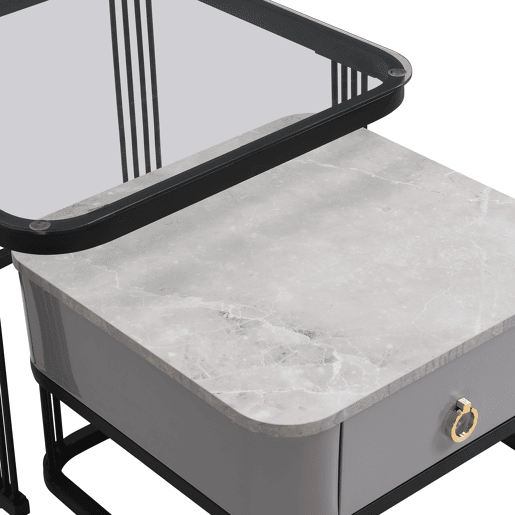 Conjunto de 2 mesas de centro encaixáveis quadradas em vidro temperado e efeito mármore com gaveta SHUGOK BLACK Conjunto de 2 mesas de centro encaixáveis quadradas em vidro temperado e efeito mármore com gaveta SHUGOK BLACK