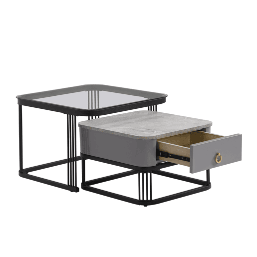 Conjunto de 2 mesas de centro encaixáveis quadradas em vidro temperado e efeito mármore com gaveta SHUGOK BLACK Conjunto de 2 mesas de centro encaixáveis quadradas em vidro temperado e efeito mármore com gaveta SHUGOK BLACK