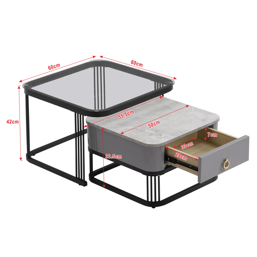 Conjunto de 2 mesas de centro encaixáveis quadradas em vidro temperado e efeito mármore com gaveta SHUGOK BLACK Conjunto de 2 mesas de centro encaixáveis quadradas em vidro temperado e efeito mármore com gaveta SHUGOK BLACK