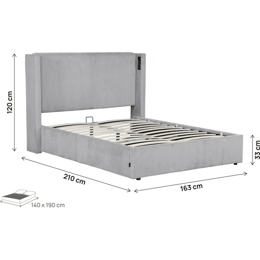 Cama de casal em veludo cotelê com cômoda integrada e abajur Cortina - 140 x 190 cm - Cinza