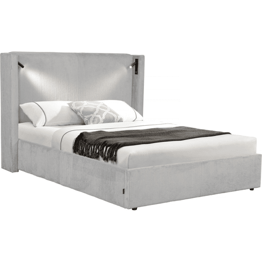 Cama de casal em veludo cotelê com cômoda integrada e abajur Cortina - 160 x 200 cm - Cinza