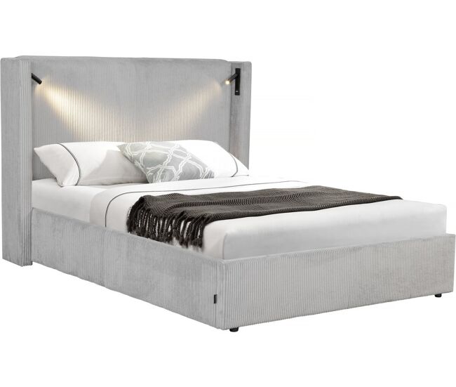 Cama doble de pana con cómoda integrada y lámpara "cortina" - 160 x 200 cm - gris