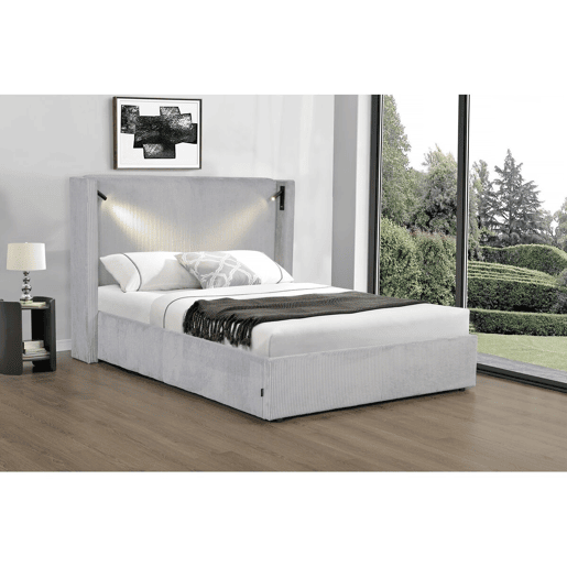 Cama de casal em veludo cotelê com cômoda integrada e abajur Cortina - 160 x 200 cm - Cinza