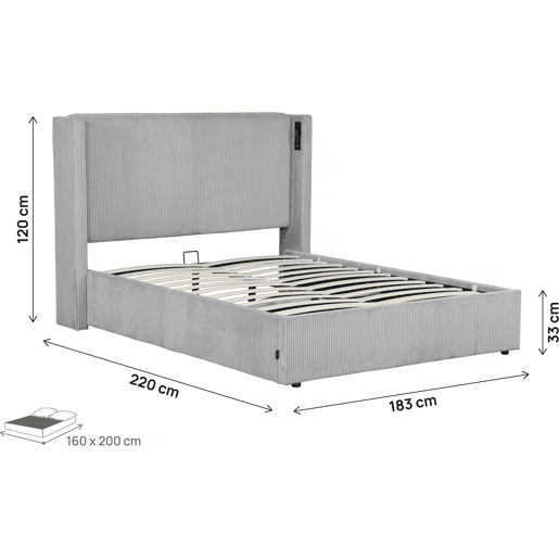 Cama de casal em veludo cotelê com cômoda integrada e abajur Cortina - 160 x 200 cm - Cinza