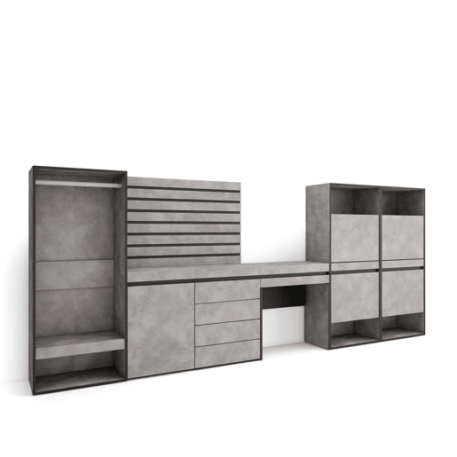 Sapateira, Organização Armazenamento, 357x35x145cm, Para quarto, dormitório, Roupeiro aberto, Cómoda, Tiras Deco. Madeira, Toucador, Estilo moderno, Cimento