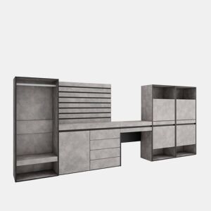 Sapateira, Organização Armazenamento, 357x35x145cm, Para quarto, dormitório, Roupeiro aberto, Cómoda, Tiras Deco. Madeira, Toucador, Estilo moderno, Cimento