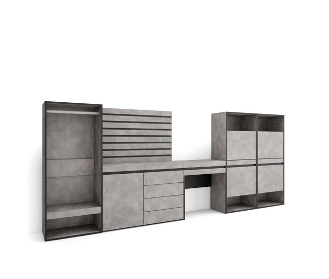 Zapatero, armario zapatos botas, 357x145x35cm, dormitorio, habitación, vestidor abierto, cómoda, cajonera, listones decorativos, tocador, estilo moderno, cemento