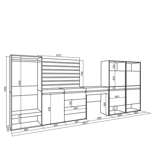 Sapateira, Organização Armazenamento, 357x35x145cm, Para quarto, dormitório, Roupeiro aberto, Cómoda, Tiras Deco. Madeira, Toucador, Estilo moderno, Cimento