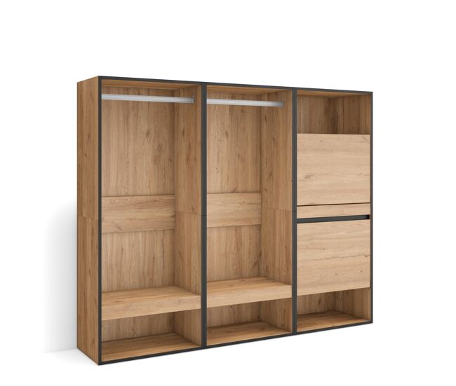 Vestidor abierto, ropa, zapatos, complementos, 180x145x35cm, dormitorio, habitación, zapatero, estilo moderno, roble