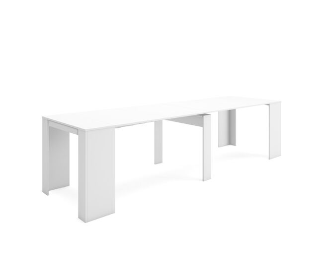 Mesa consola extensible, mesa comedor plegable, 302x90x77cm, para 14 comensales, comedor y cocina, blanco