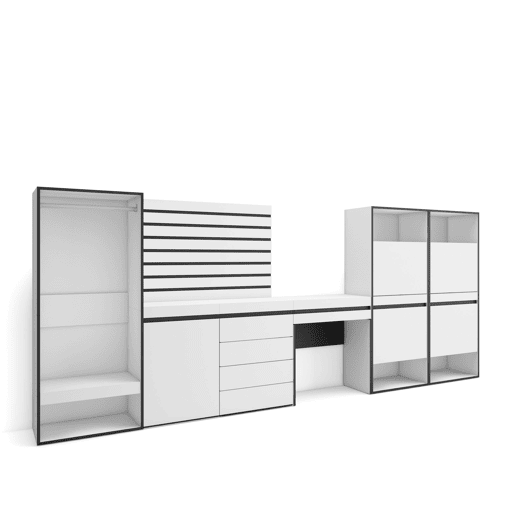 Sapateira, Organização Armazenamento, 357x35x145cm, Para quarto, dormitório, Roupeiro aberto, Cómoda, Tiras Deco. Madeira, Toucador, Estilo moderno, Branco