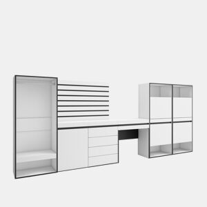 Sapateira, Organização Armazenamento, 357x35x145cm, Para quarto, dormitório, Roupeiro aberto, Cómoda, Tiras Deco. Madeira, Toucador, Estilo moderno, Branco
