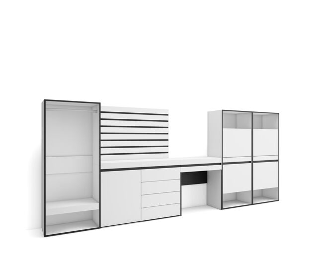 Zapatero, armario zapatos botas, 357x145x35cm, dormitorio, habitación, vestidor abierto, cómoda, cajonera, listones decorativos, tocador, estilo moderno, blanco