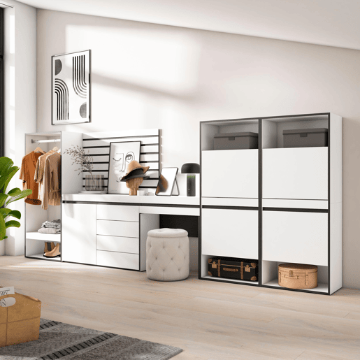 Sapateira, Organização Armazenamento, 357x35x145cm, Para quarto, dormitório, Roupeiro aberto, Cómoda, Tiras Deco. Madeira, Toucador, Estilo moderno, Branco