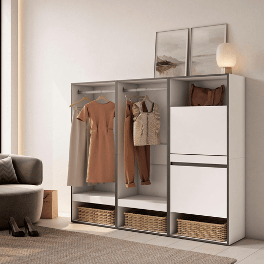 Roupeiro aberto, Guarda-roupa,Armário aberto, 180x35x145cm, Para quarto, dormitório, Sapateira, Estilo moderno, Branco