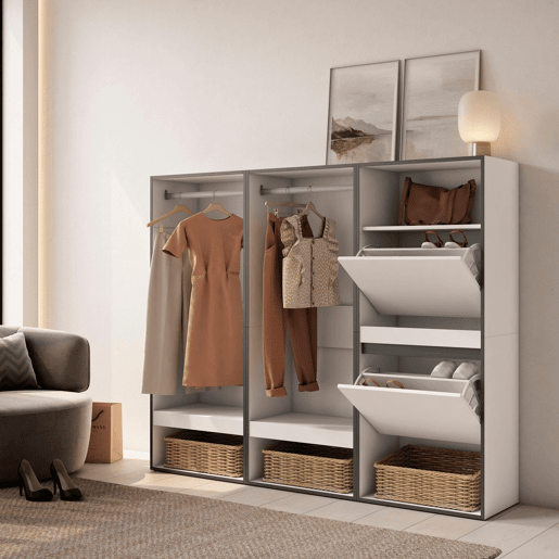 Roupeiro aberto, Guarda-roupa,Armário aberto, 180x35x145cm, Para quarto, dormitório, Sapateira, Estilo moderno, Branco