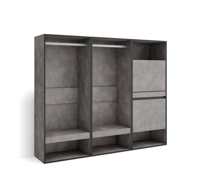 Vestidor abierto, ropa, zapatos, complementos, 180x145x35cm, dormitorio, habitación, zapatero, estilo moderno, cemento